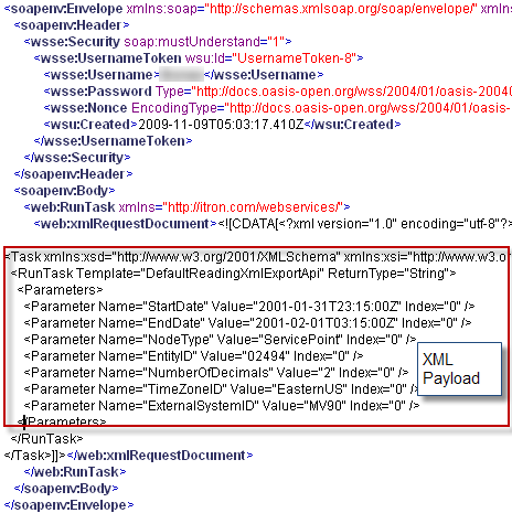 Sample is a more graphical representation of how the XML payload is embedded into the CDATA structure.